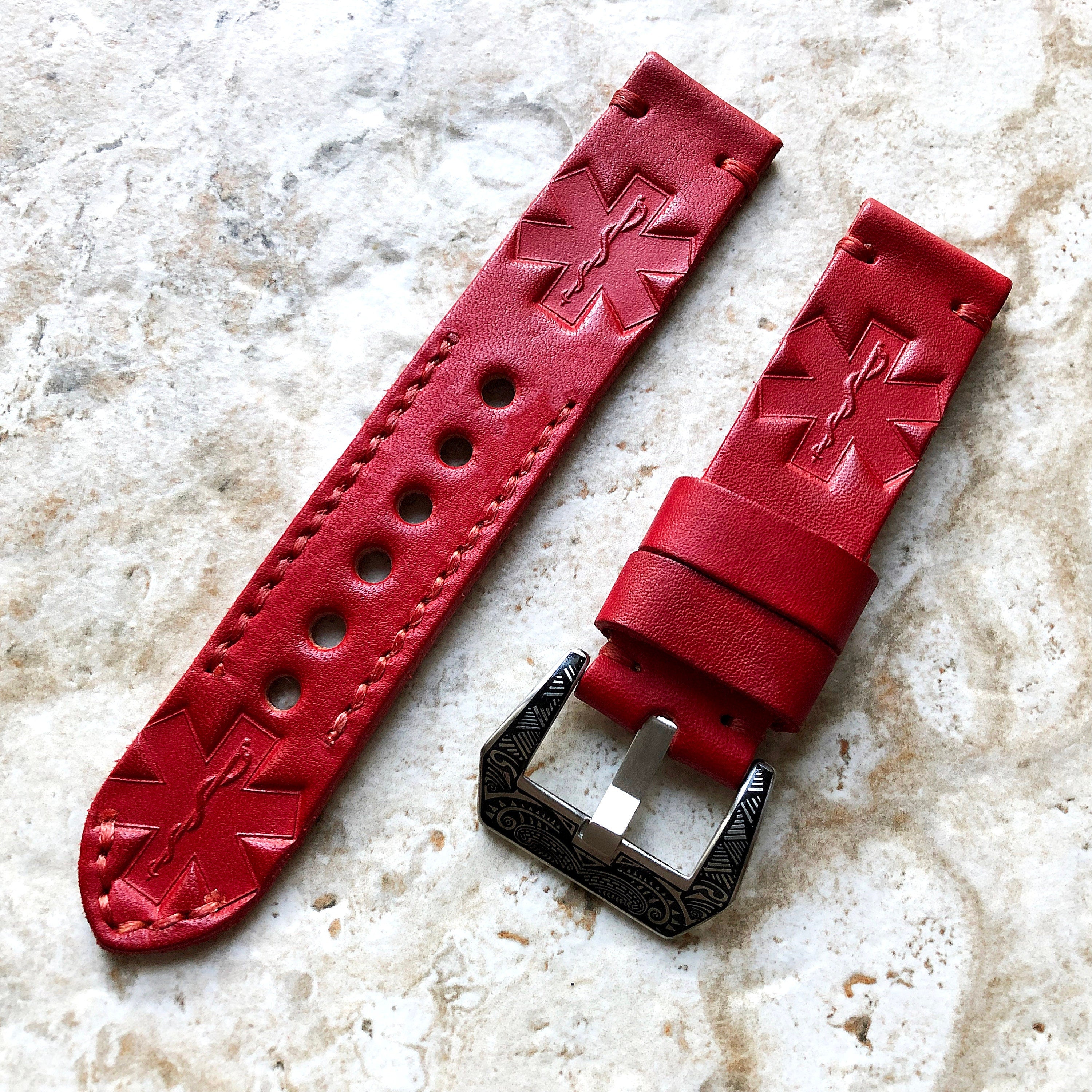 EMS Doc Medic Band 22mm 24mm 25mm Embossed Genuine Leather Compatible with Apple Watch Fitbit Versa 2 3 4 Sense 2 Ionic Handmade Strap